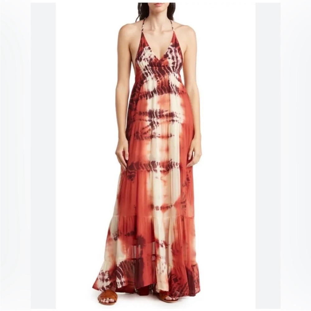 Raga Ravi Maxi Halter V Neck Boho Tie Dye Open Back Maxi Dress NWT - Size XS‎